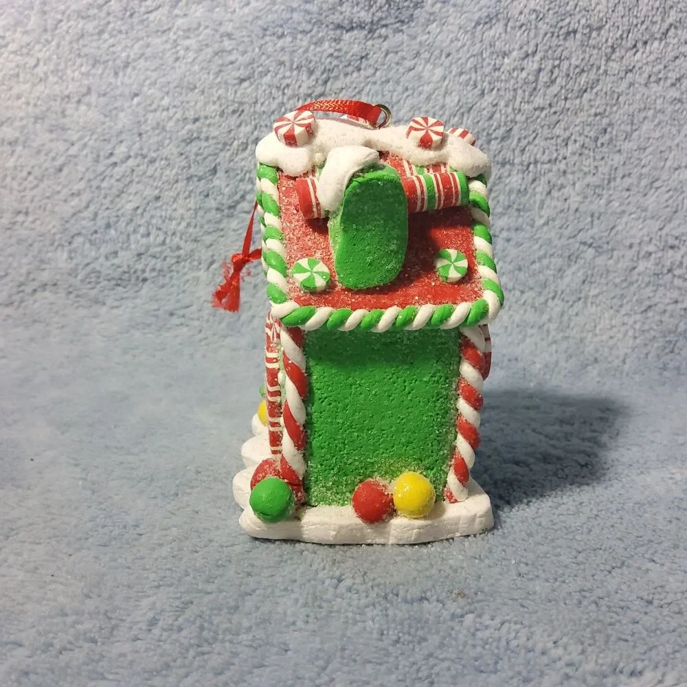 Green Gingerbread House Christmas Ornament Peppermint Candy Cane Clay Dough 3.25